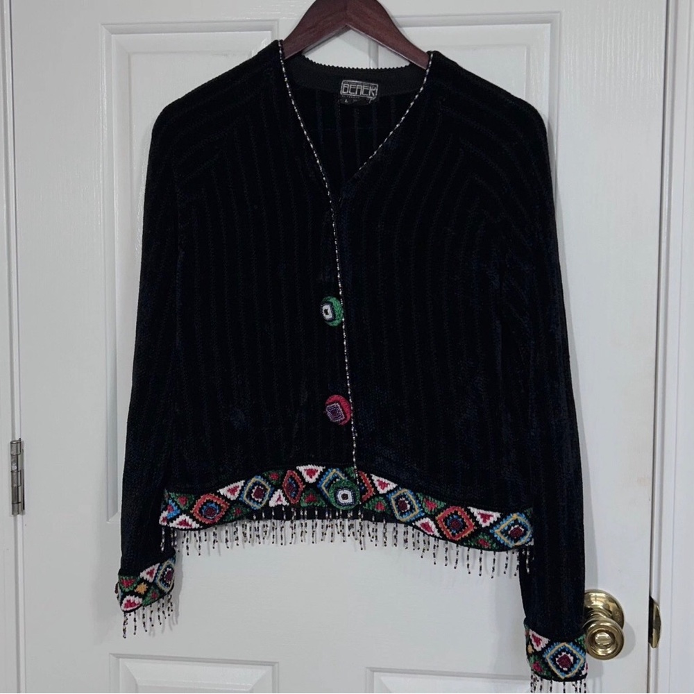 Vintage Berek Takako Sakoh Beaded Cardigan Black Velvet Chenille Art To Wear Lg